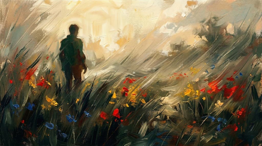 Digital painting of a lone figure walking through tall wildflowers toward a bright, hazy horizon.